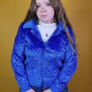 Vintage Blue Quilted Velvet Button Up Shirt, M